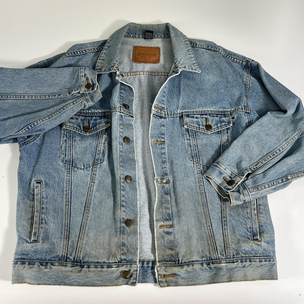Vintage Structure Distressed Jean Jacket Mens L Blue Denim‎ Trucker Western 90s